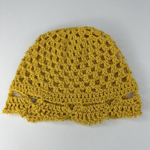Created by Cyd‎ Juliet Yellow Crochet Beanie Open Knit Cotton Scalloped Hat New main image 4